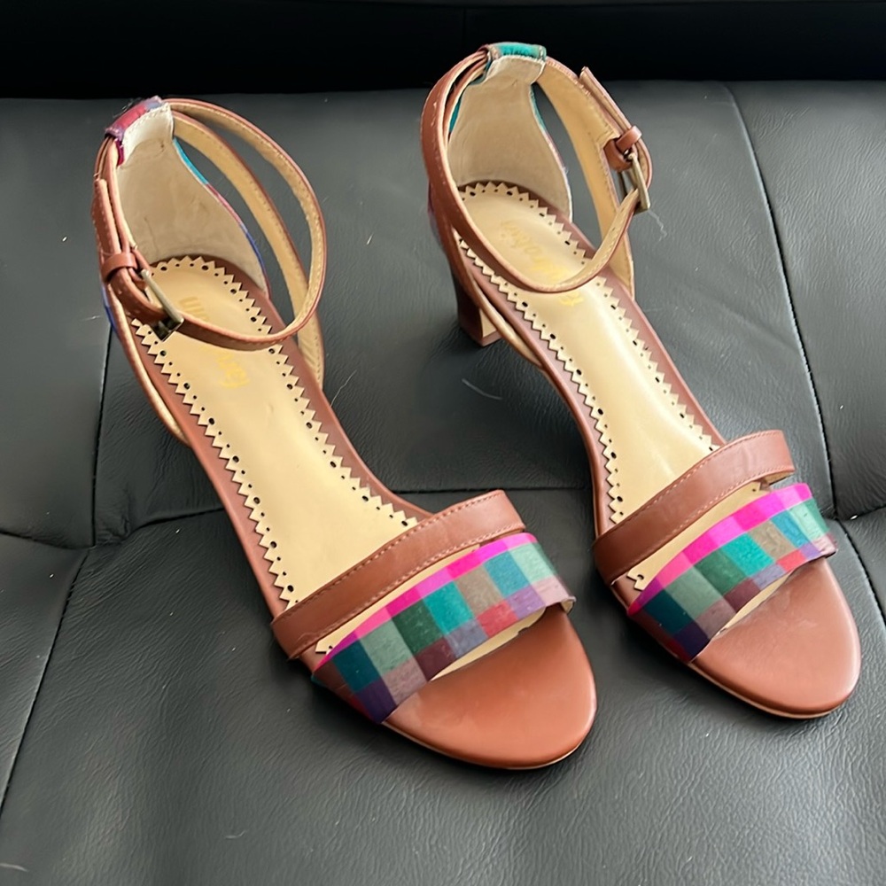 NWOT Anthropologie Farylrobin plaid leather heel sandals strapped 8.5